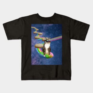 Cute fluffy cat in outer space shooting rainbows from the sunglasses Kids T-Shirt